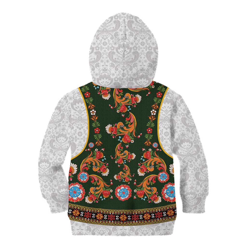 Norwegian Female Bunad Kid Hoodie with Rosemaling Folk Art Green Color - Wonder Print Shop