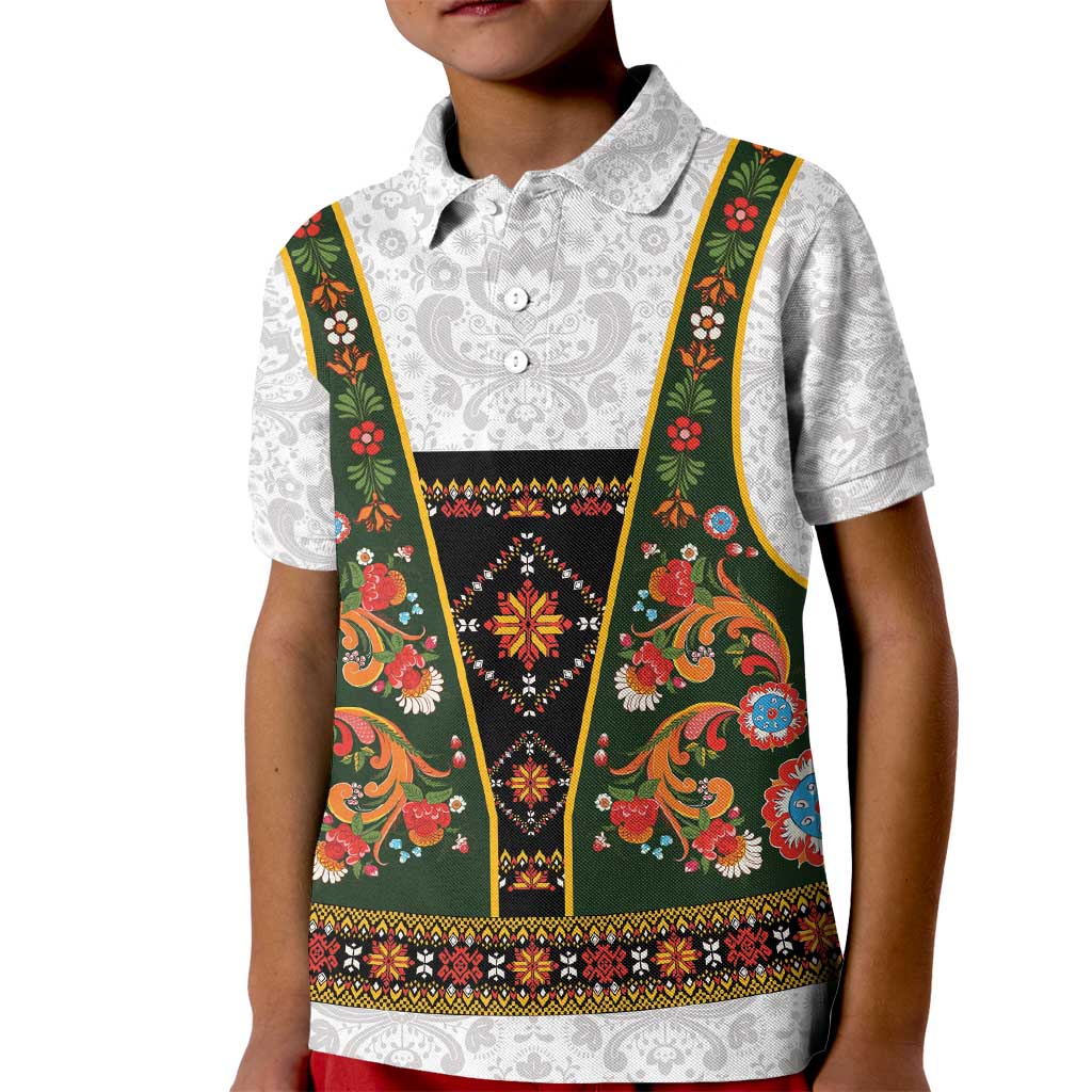 Norwegian Female Bunad Kid Polo Shirt with Rosemaling Folk Art Green Color - Wonder Print Shop