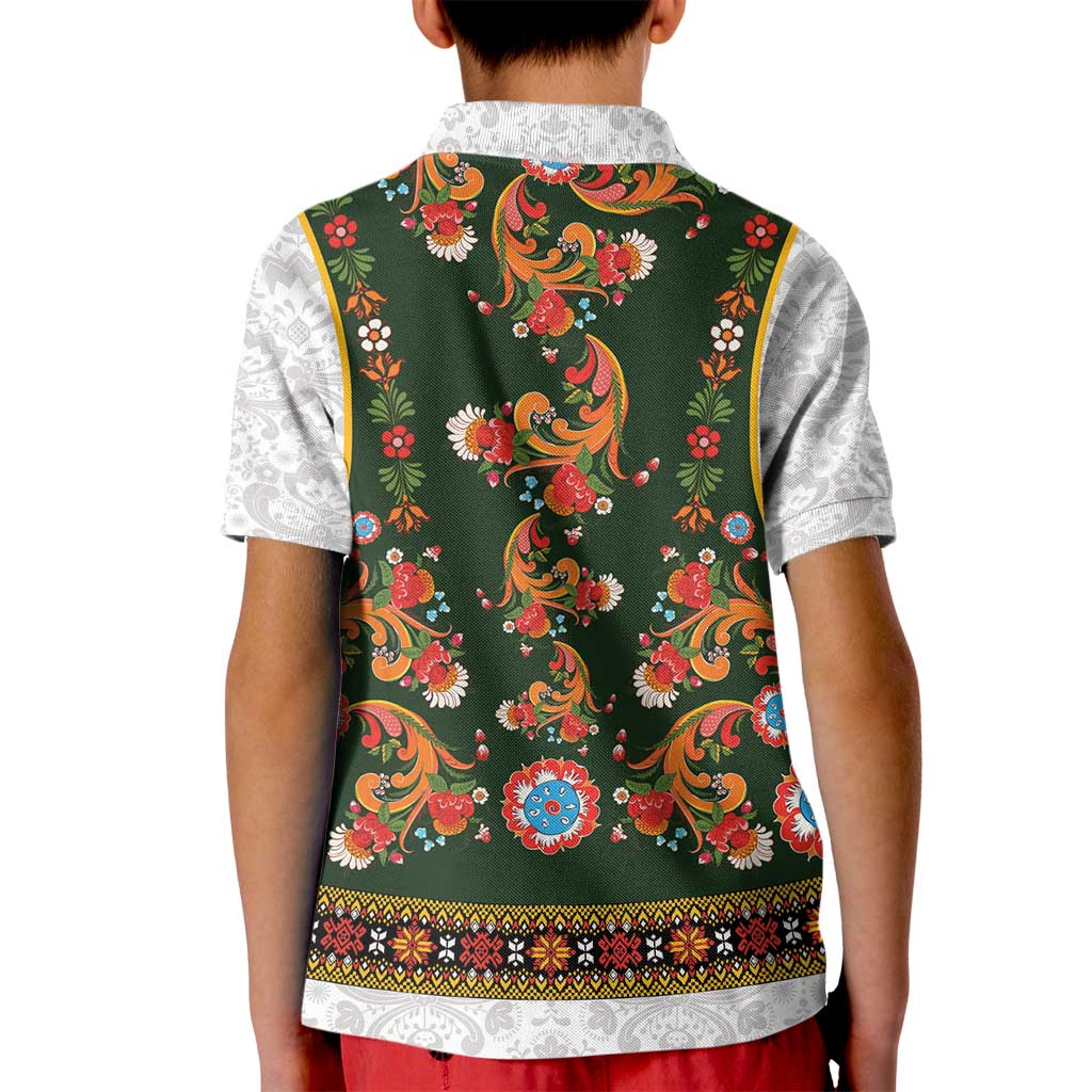 Norwegian Female Bunad Kid Polo Shirt with Rosemaling Folk Art Green Color - Wonder Print Shop