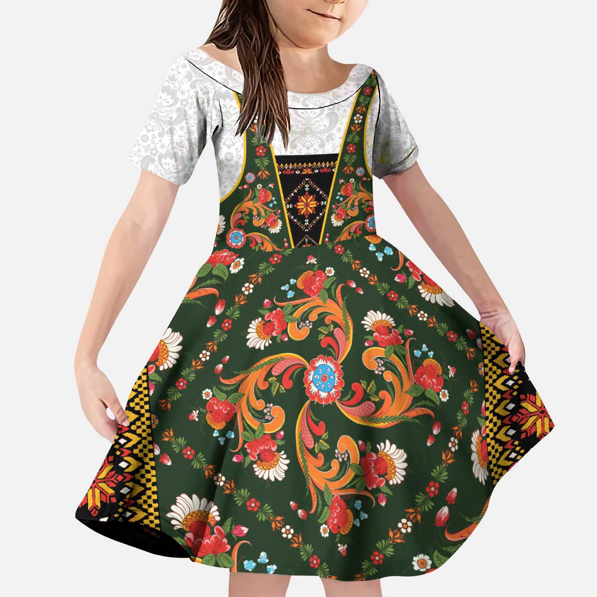 Norwegian Female Bunad Kid Short Sleeve Dress with Rosemaling Folk Art Green Color - Wonder Print Shop