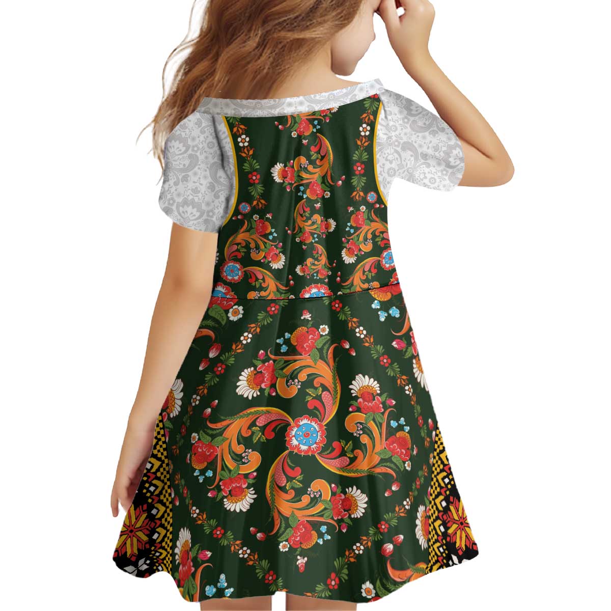 Norwegian Female Bunad Kid Short Sleeve Dress with Rosemaling Folk Art Green Color - Wonder Print Shop