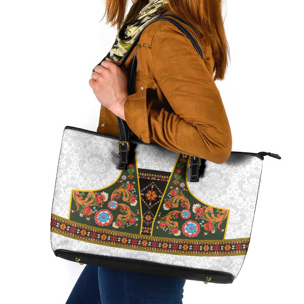 Norwegian Female Bunad Leather Tote Bag with Rosemaling Folk Art Green Color - Wonder Print Shop