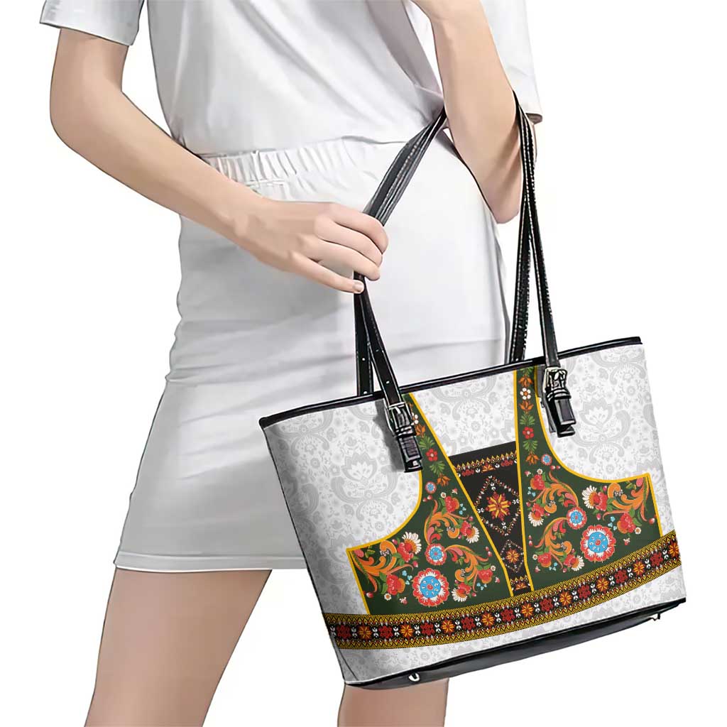 Norwegian Female Bunad Leather Tote Bag with Rosemaling Folk Art Green Color - Wonder Print Shop