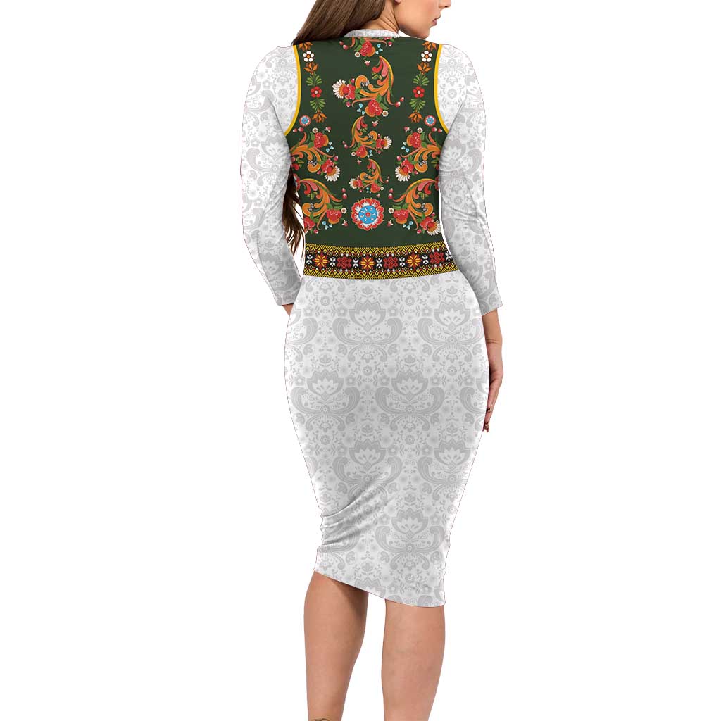 Norwegian Female Bunad Long Sleeve Bodycon Dress with Rosemaling Folk Art Green Color - Wonder Print Shop