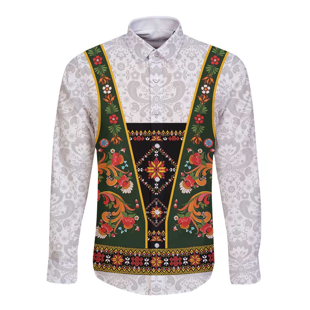Norwegian Female Bunad Long Sleeve Button Shirt with Rosemaling Folk Art Green Color - Wonder Print Shop
