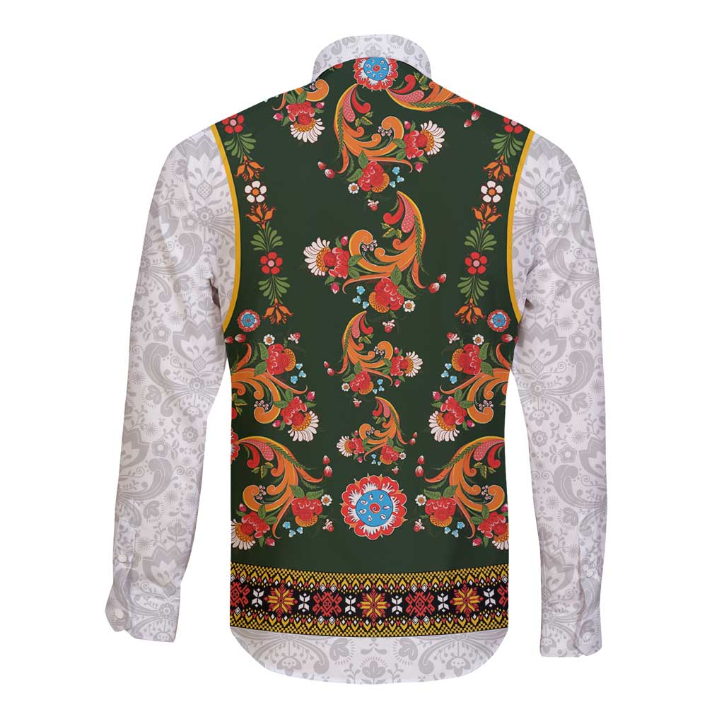 Norwegian Female Bunad Long Sleeve Button Shirt with Rosemaling Folk Art Green Color - Wonder Print Shop