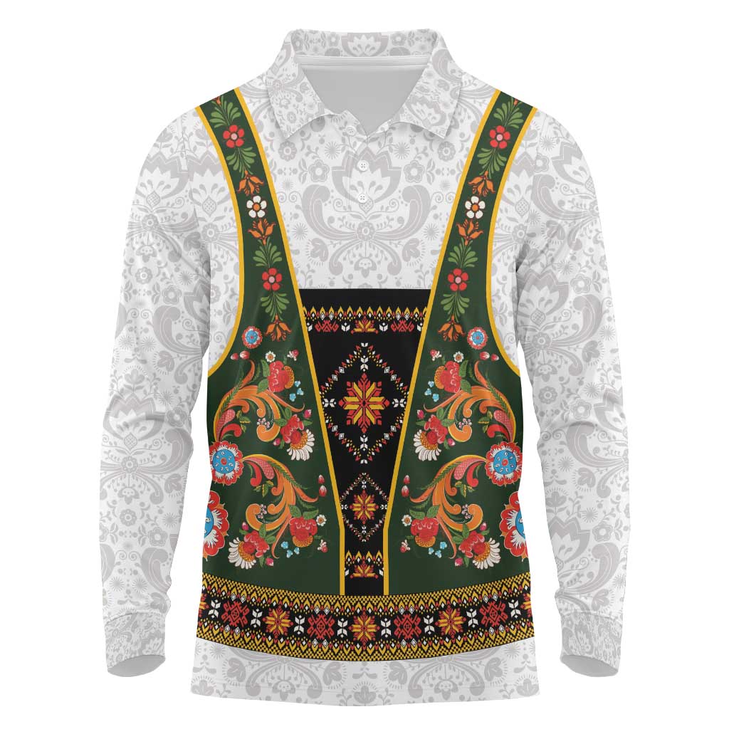 Norwegian Female Bunad Long Sleeve Polo Shirt with Rosemaling Folk Art Green Color - Wonder Print Shop