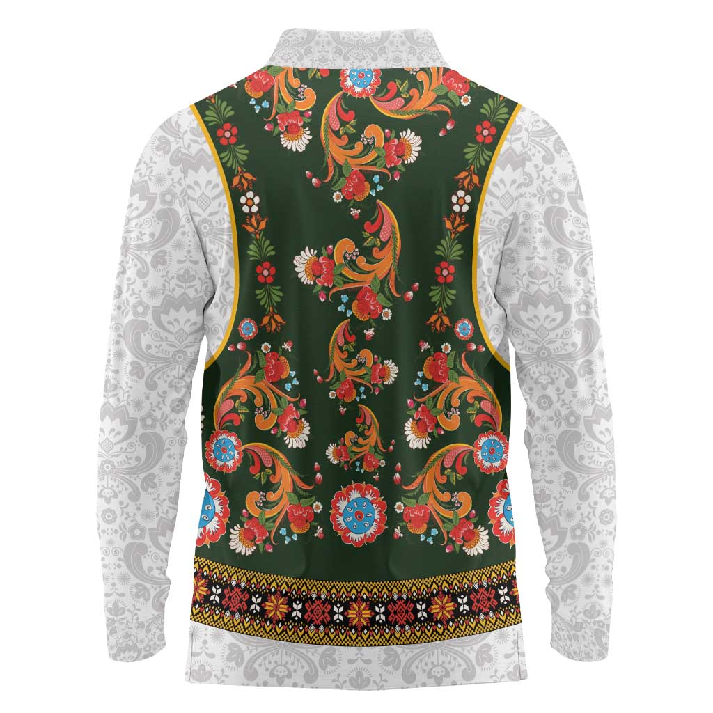 Norwegian Female Bunad Long Sleeve Polo Shirt with Rosemaling Folk Art Green Color - Wonder Print Shop