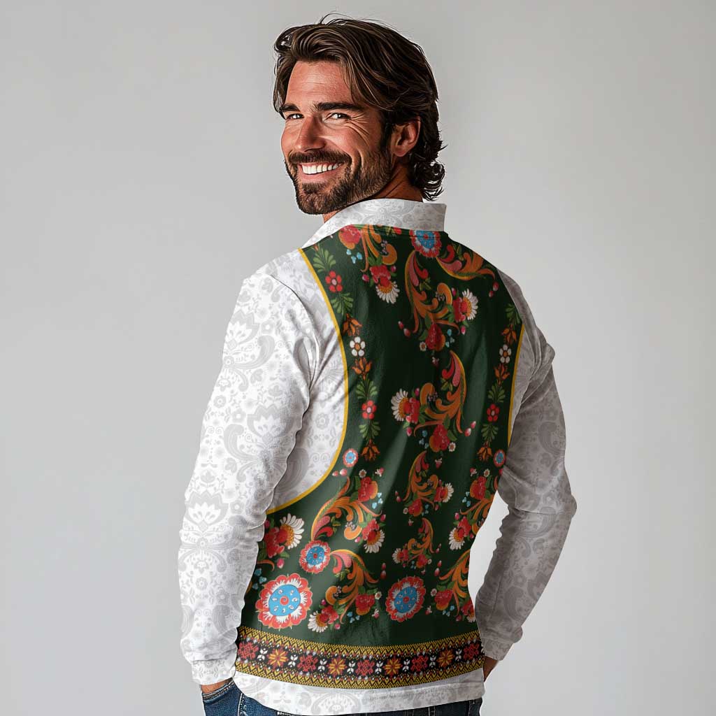 Norwegian Female Bunad Long Sleeve Polo Shirt with Rosemaling Folk Art Green Color - Wonder Print Shop