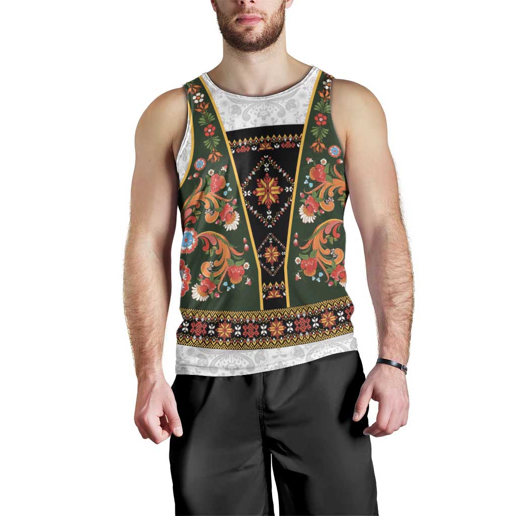 Norwegian Female Bunad Men Tank Top with Rosemaling Folk Art Green Color - Wonder Print Shop