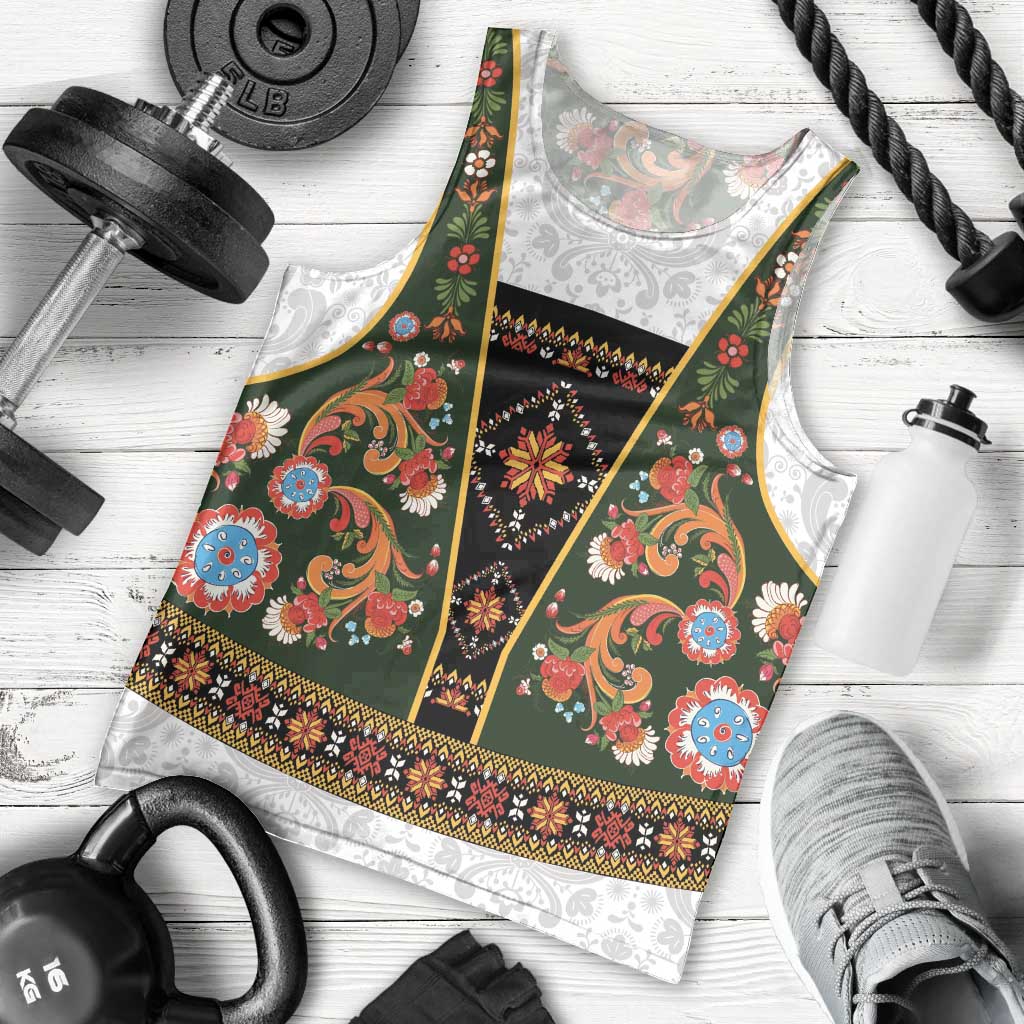 Norwegian Female Bunad Men Tank Top with Rosemaling Folk Art Green Color - Wonder Print Shop