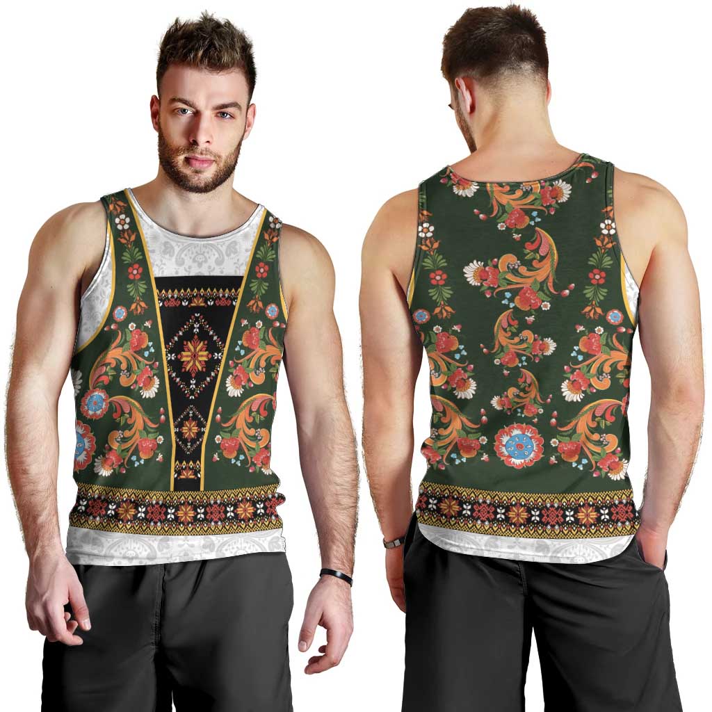 Norwegian Female Bunad Men Tank Top with Rosemaling Folk Art Green Color - Wonder Print Shop