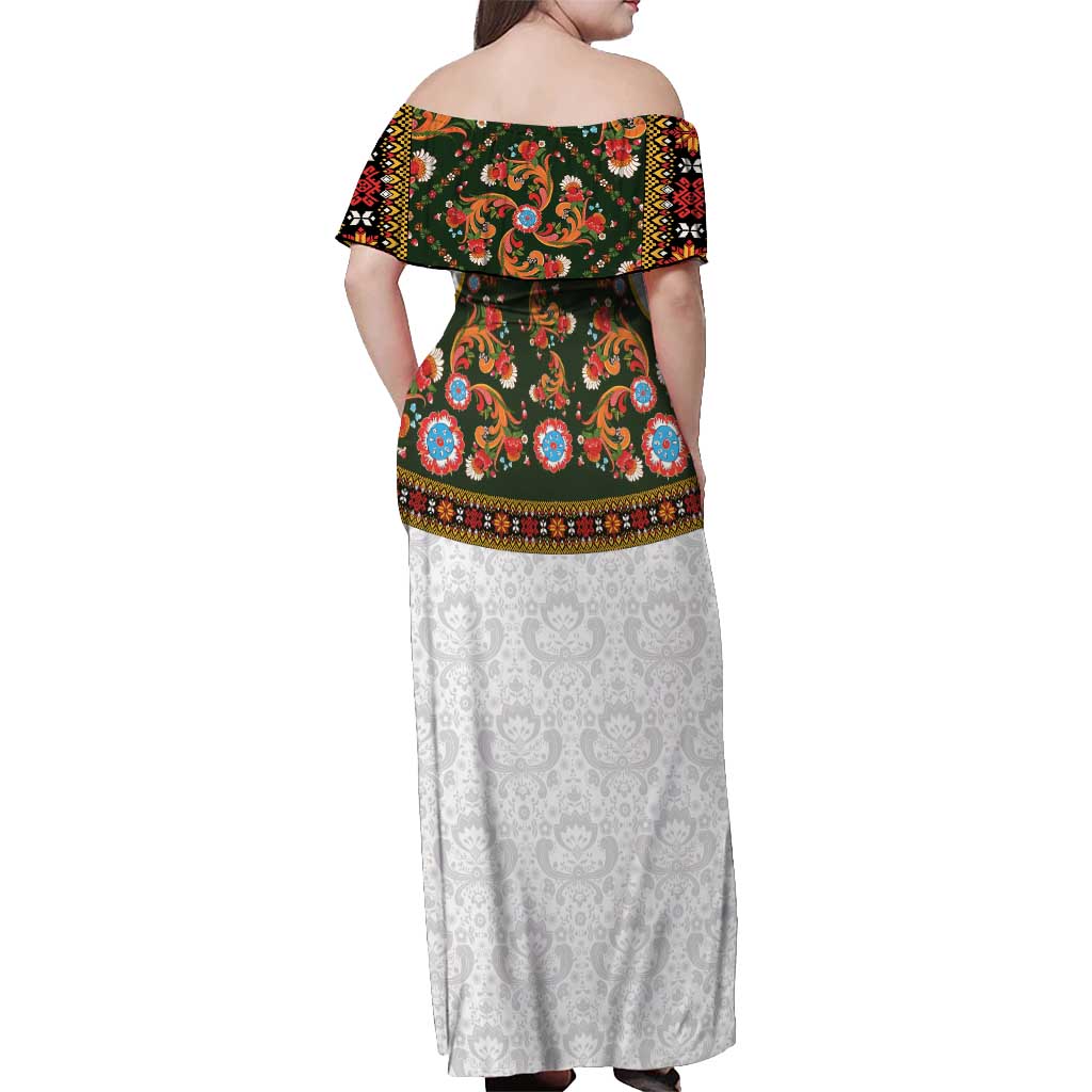 Norwegian Female Bunad Off Shoulder Maxi Dress with Rosemaling Folk Art Green Color - Wonder Print Shop