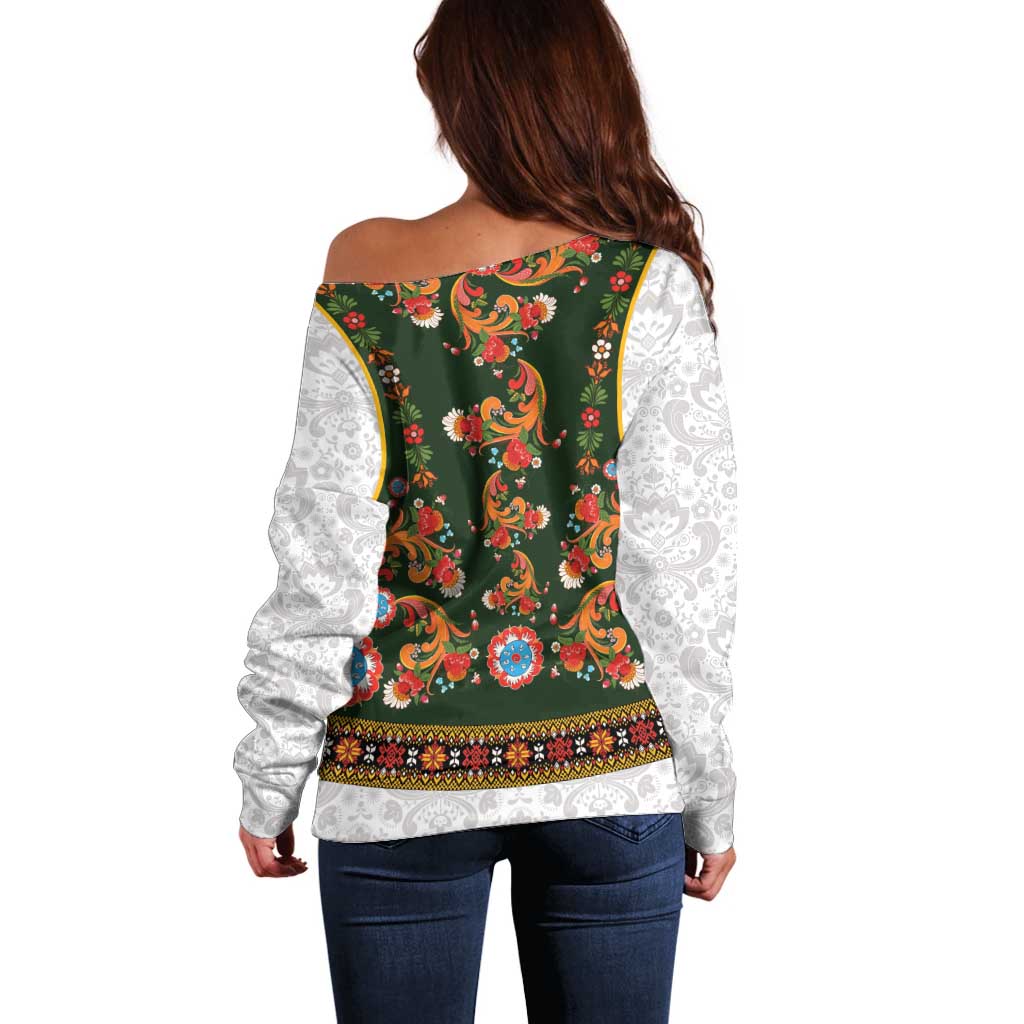 Norwegian Female Bunad Off Shoulder Sweater with Rosemaling Folk Art Green Color - Wonder Print Shop