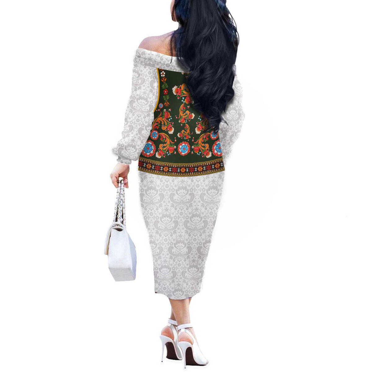 Norwegian Female Bunad Off The Shoulder Long Sleeve Dress with Rosemaling Folk Art Green Color - Wonder Print Shop