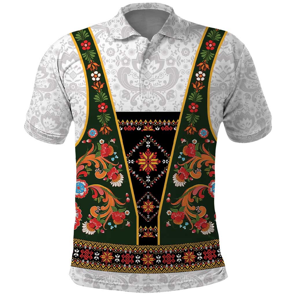 Norwegian Female Bunad Polo Shirt with Rosemaling Folk Art Green Color - Wonder Print Shop
