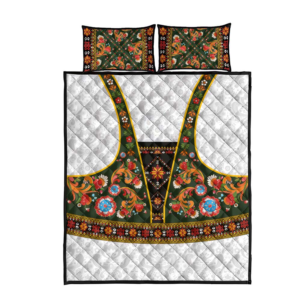 Norwegian Female Bunad Quilt Bed Set with Rosemaling Folk Art Green Color - Wonder Print Shop
