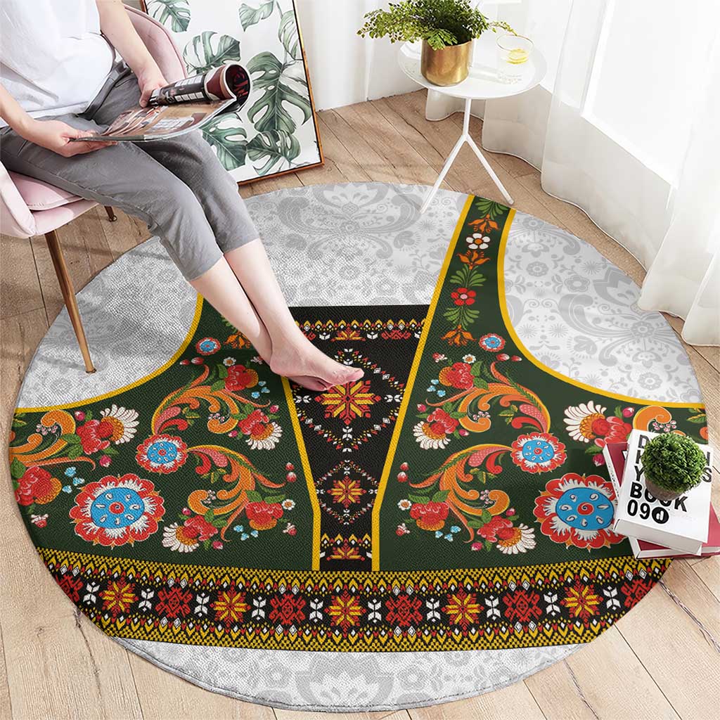 Norwegian Female Bunad Round Carpet with Rosemaling Folk Art Green Color - Wonder Print Shop