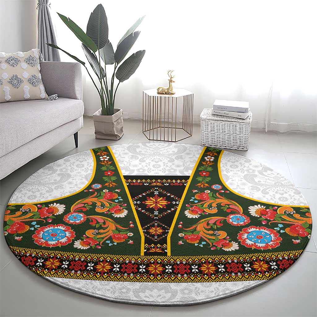 Norwegian Female Bunad Round Carpet with Rosemaling Folk Art Green Color - Wonder Print Shop
