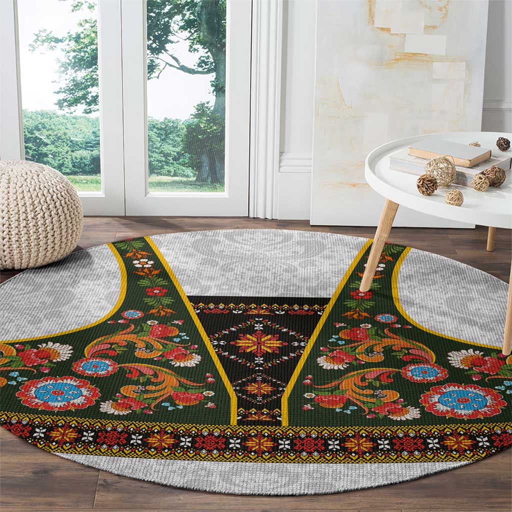 Norwegian Female Bunad Round Carpet with Rosemaling Folk Art Green Color - Wonder Print Shop