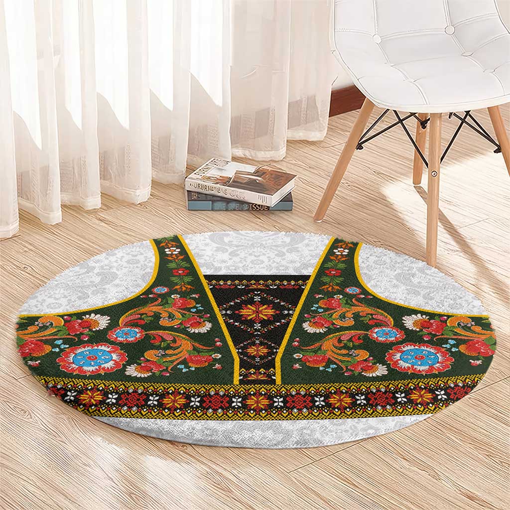 Norwegian Female Bunad Round Carpet with Rosemaling Folk Art Green Color - Wonder Print Shop
