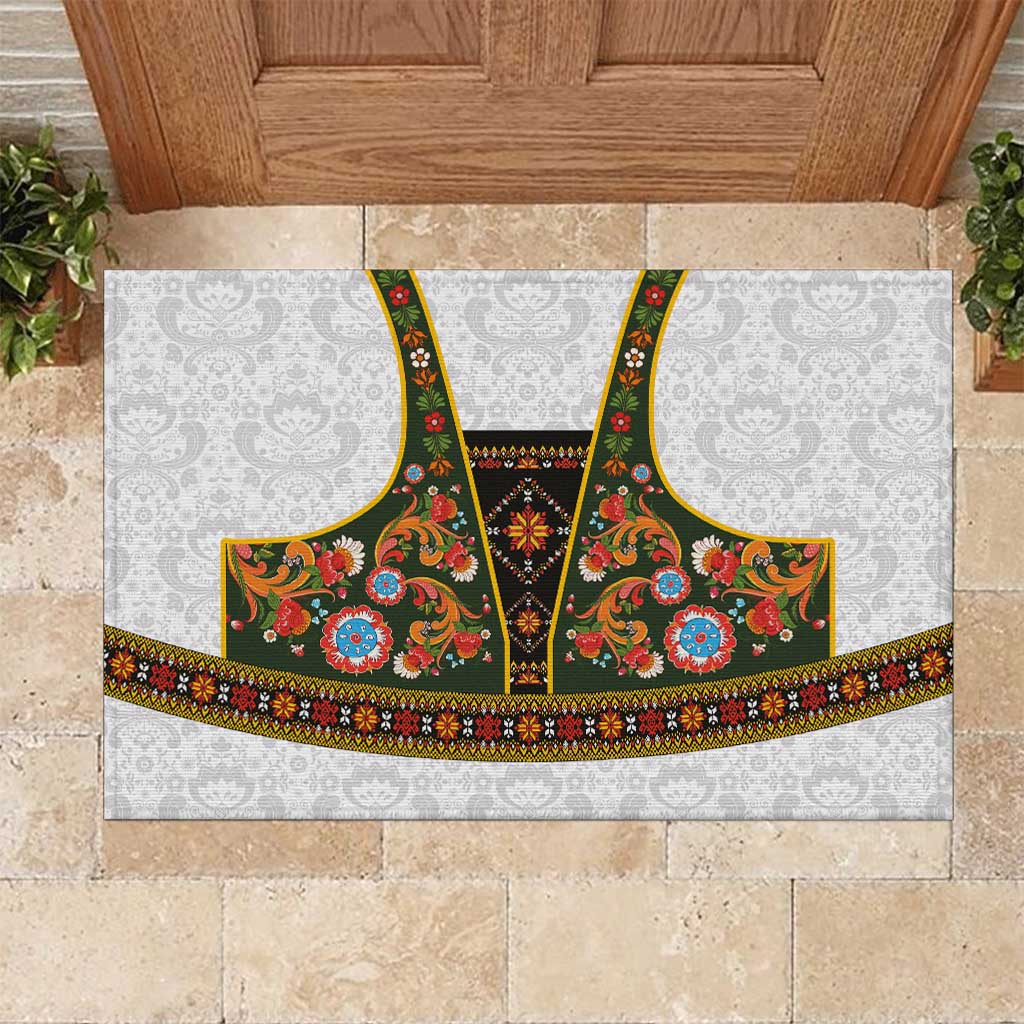 Norwegian Female Bunad Rubber Doormat with Rosemaling Folk Art Green Color - Wonder Print Shop