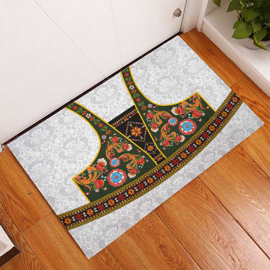 Norwegian Female Bunad Rubber Doormat with Rosemaling Folk Art Green Color - Wonder Print Shop