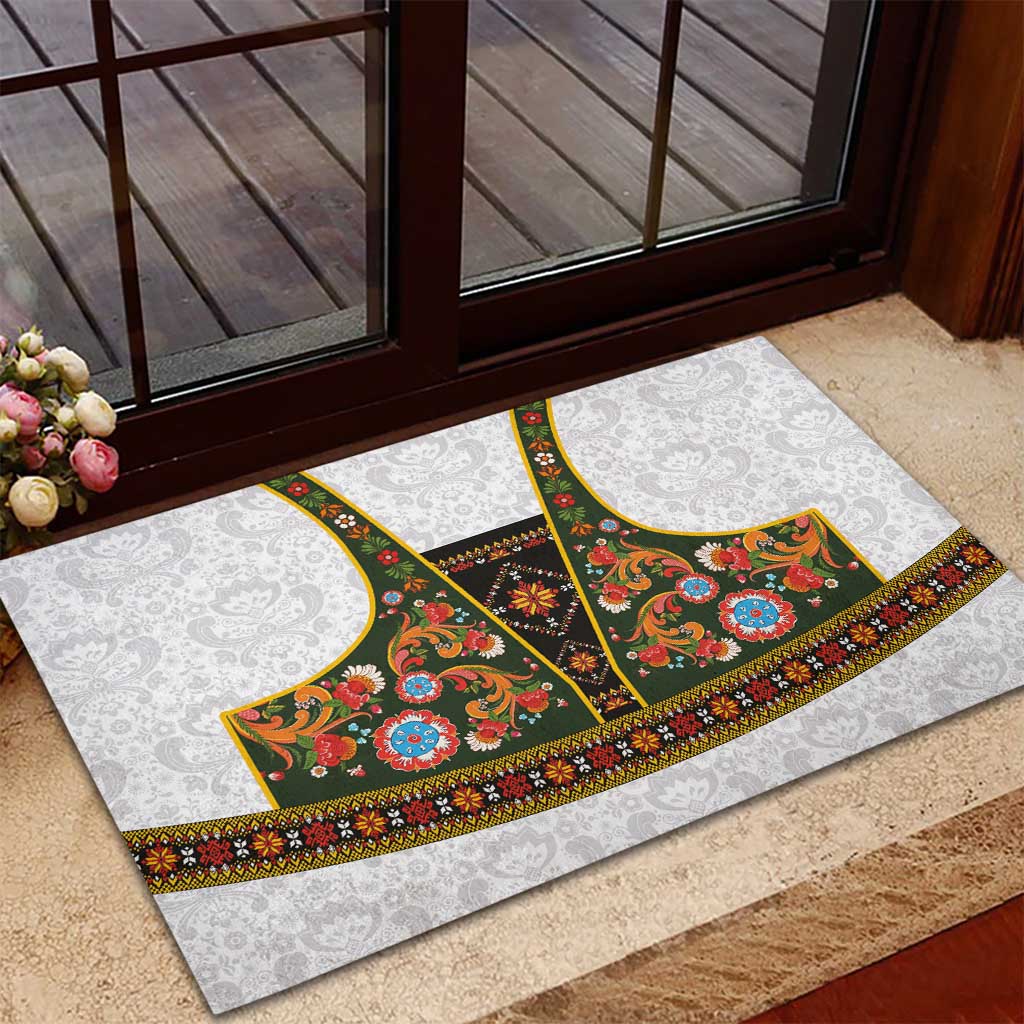 Norwegian Female Bunad Rubber Doormat with Rosemaling Folk Art Green Color - Wonder Print Shop