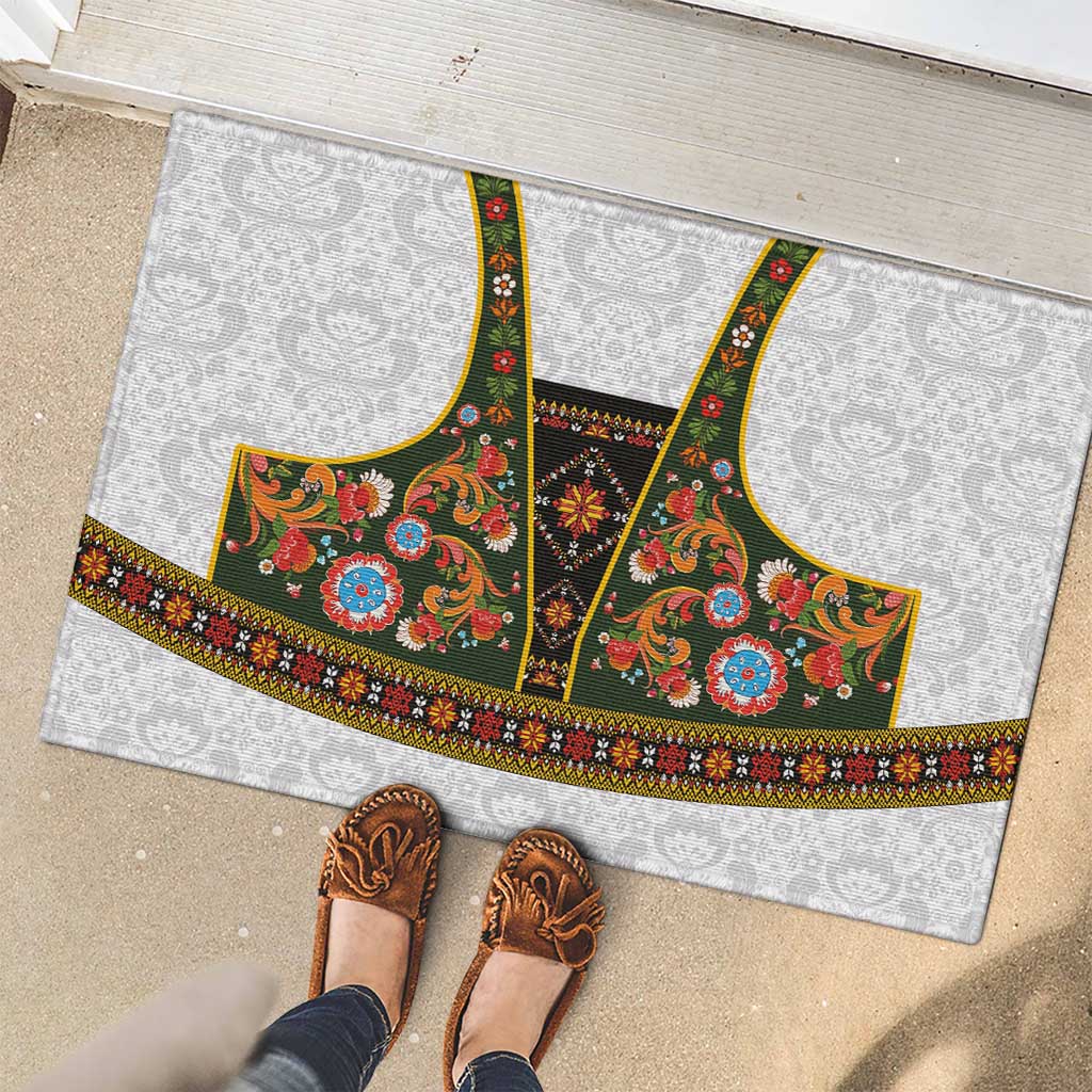 Norwegian Female Bunad Rubber Doormat with Rosemaling Folk Art Green Color - Wonder Print Shop