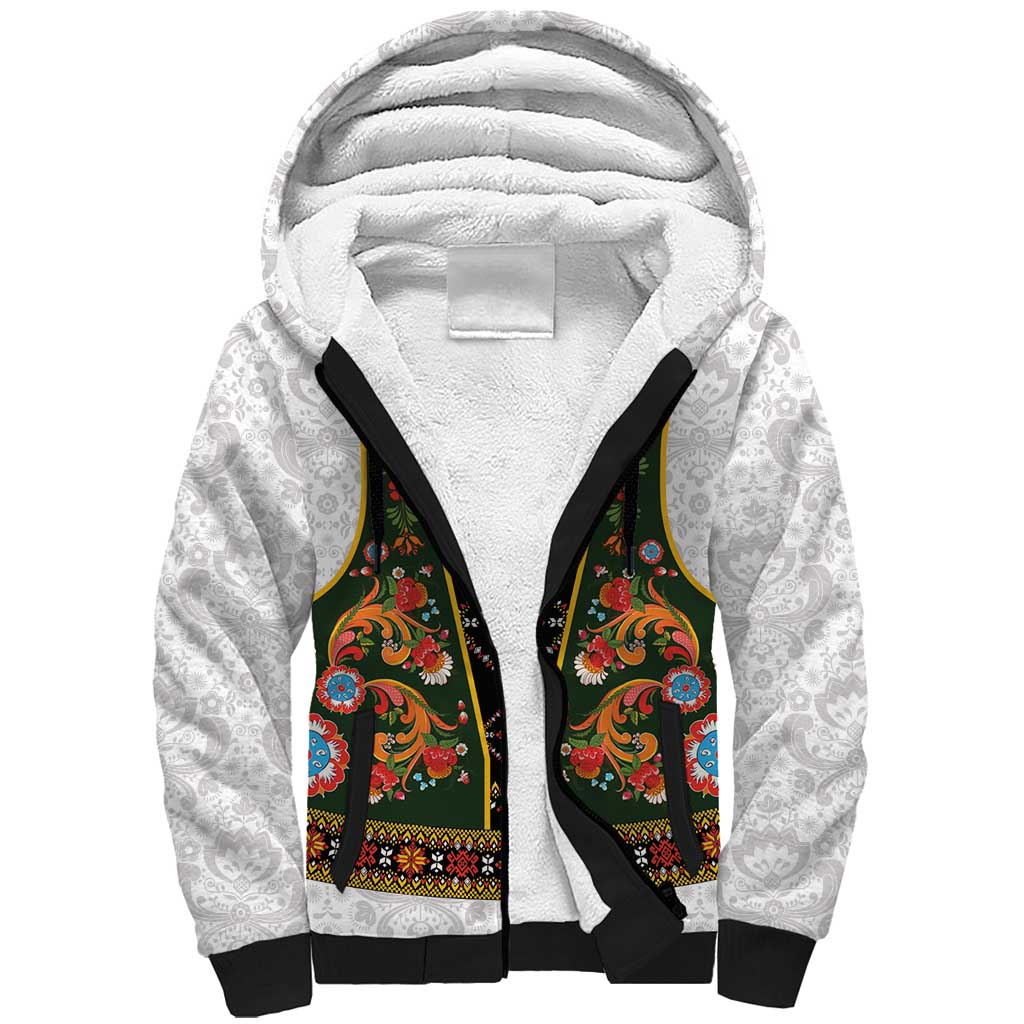Norwegian Female Bunad Sherpa Hoodie with Rosemaling Folk Art Green Color - Wonder Print Shop
