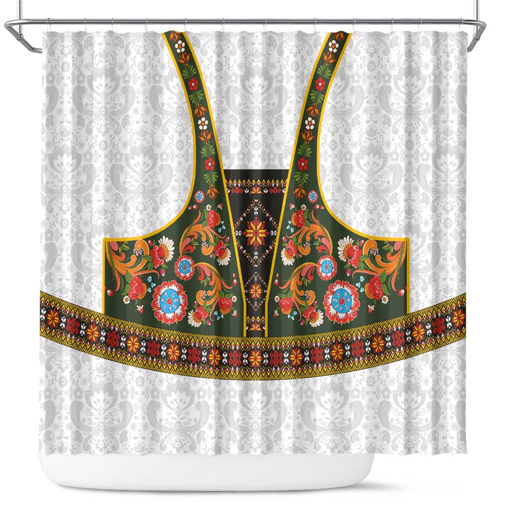 Norwegian Female Bunad Shower Curtain with Rosemaling Folk Art Green Color - Wonder Print Shop