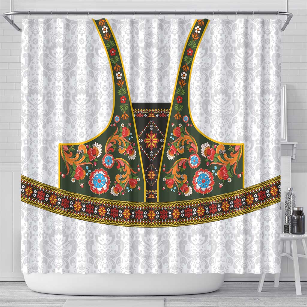 Norwegian Female Bunad Shower Curtain with Rosemaling Folk Art Green Color - Wonder Print Shop