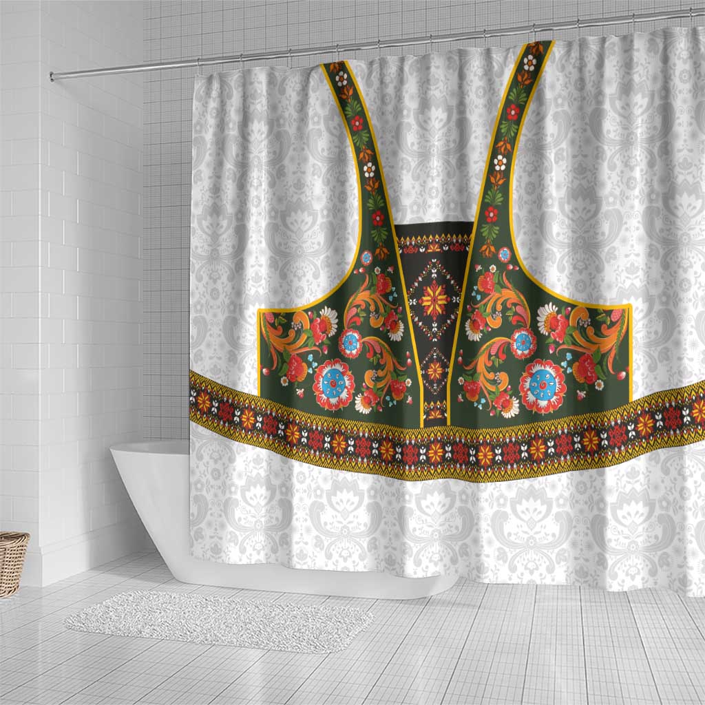Norwegian Female Bunad Shower Curtain with Rosemaling Folk Art Green Color - Wonder Print Shop
