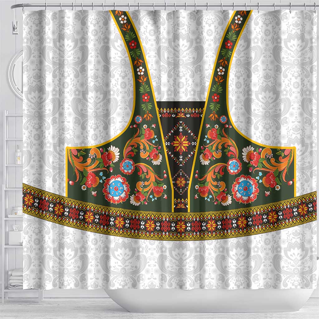 Norwegian Female Bunad Shower Curtain with Rosemaling Folk Art Green Color - Wonder Print Shop