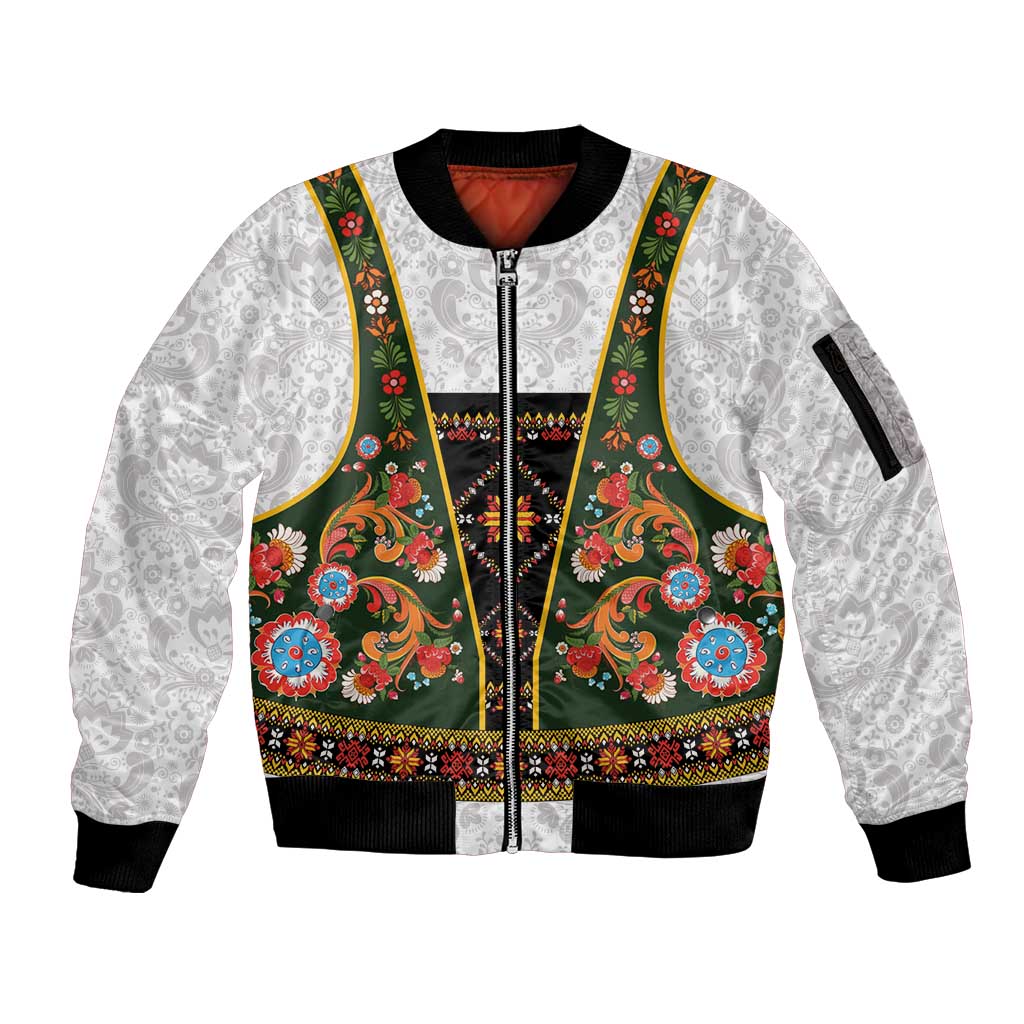 Norwegian Female Bunad Sleeve Zip Bomber Jacket with Rosemaling Folk Art Green Color - Wonder Print Shop