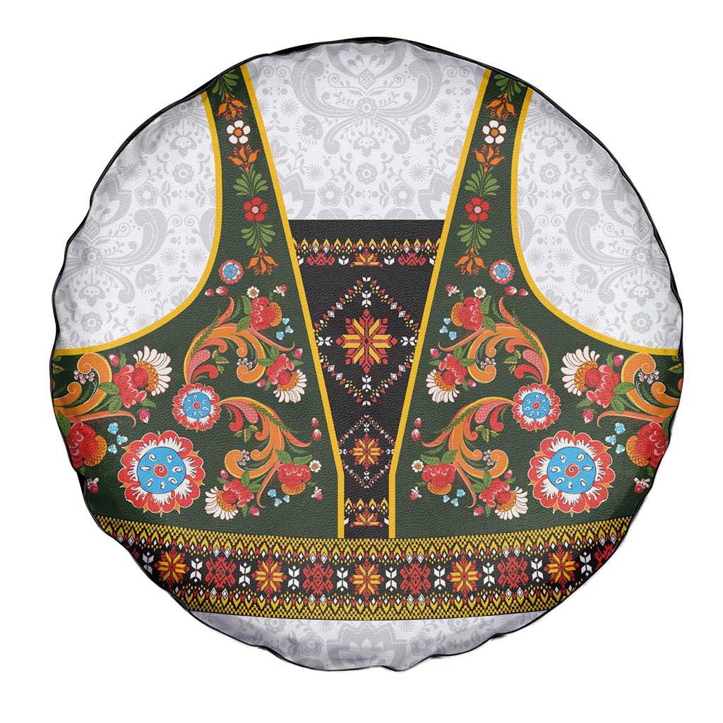 Norwegian Female Bunad Spare Tire Cover with Rosemaling Folk Art Green Color - Wonder Print Shop