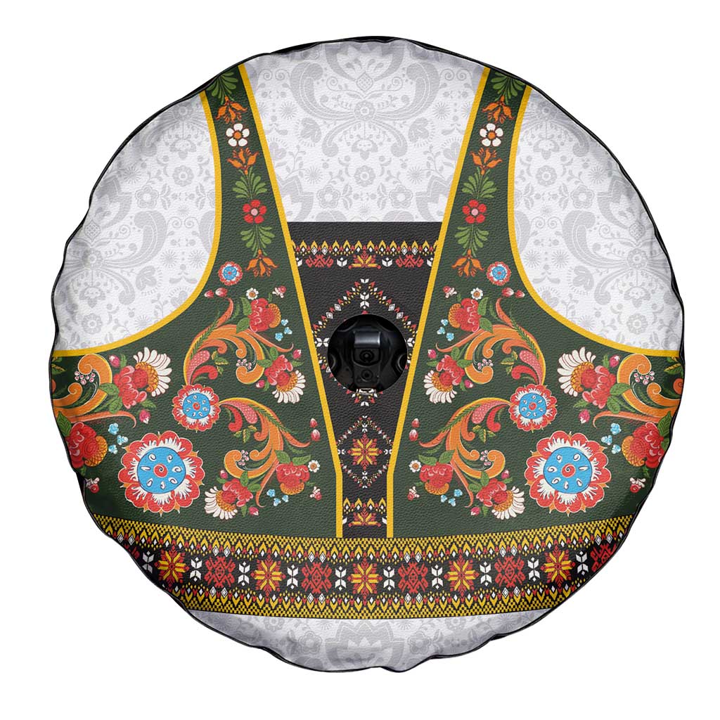 Norwegian Female Bunad Spare Tire Cover with Rosemaling Folk Art Green Color - Wonder Print Shop