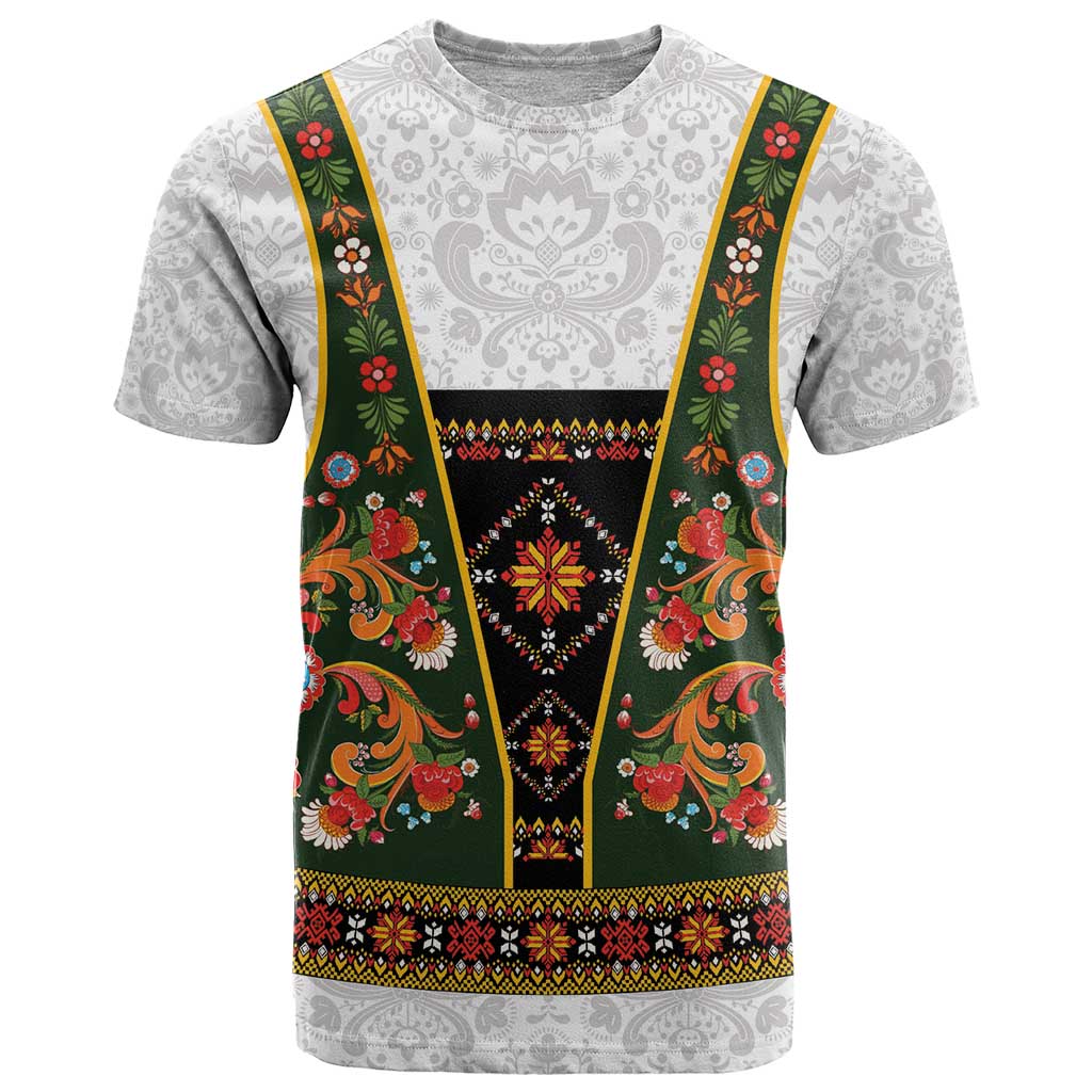 Norwegian Female Bunad T Shirt with Rosemaling Folk Art Green Color - Wonder Print Shop