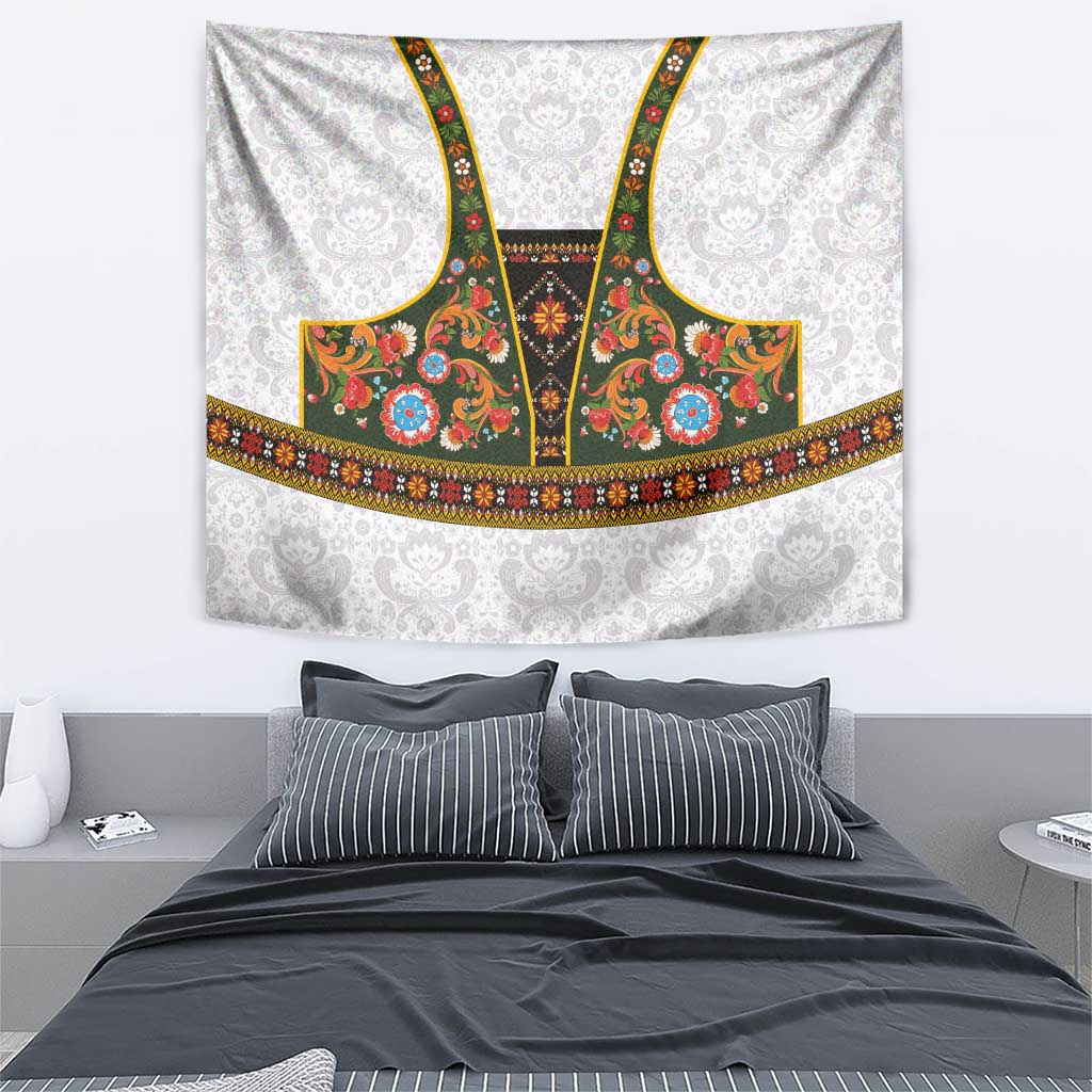 Norwegian Female Bunad Tapestry with Rosemaling Folk Art Green Color - Wonder Print Shop