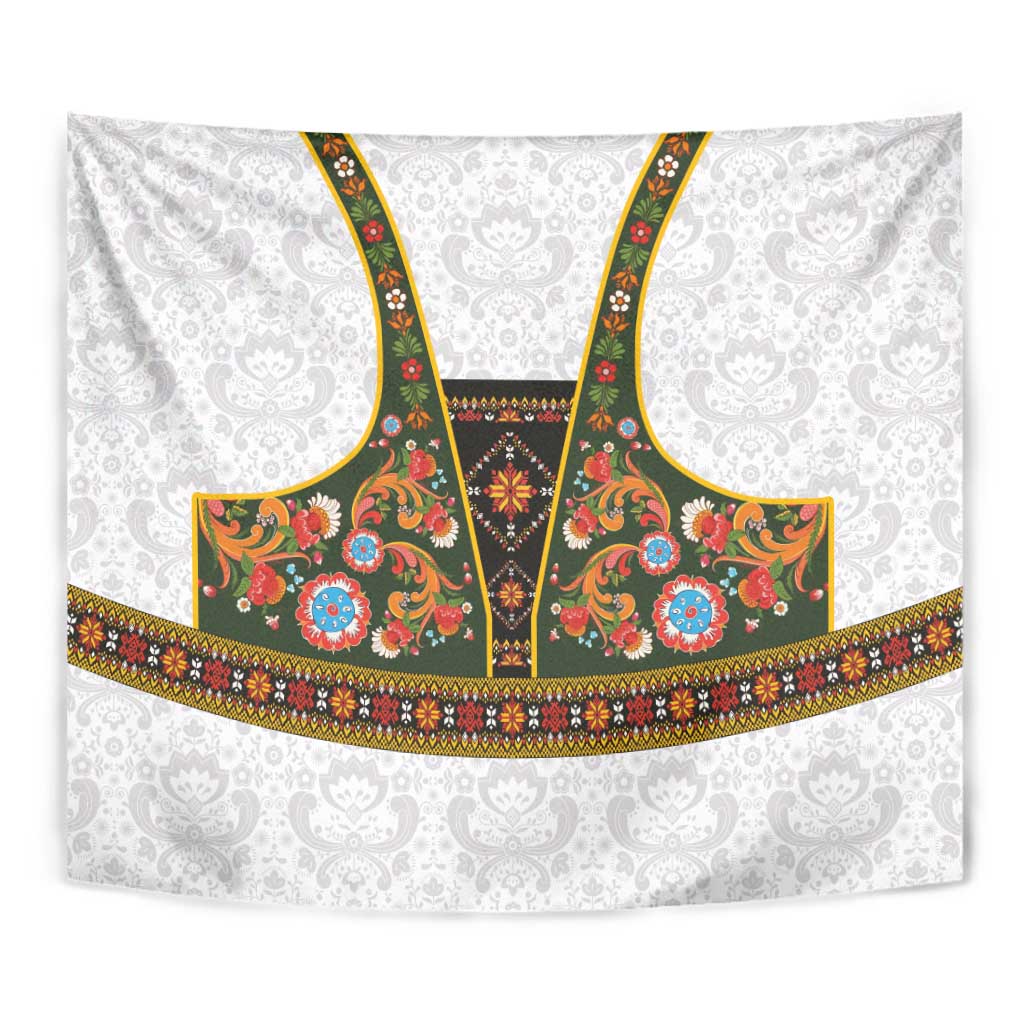 Norwegian Female Bunad Tapestry with Rosemaling Folk Art Green Color - Wonder Print Shop