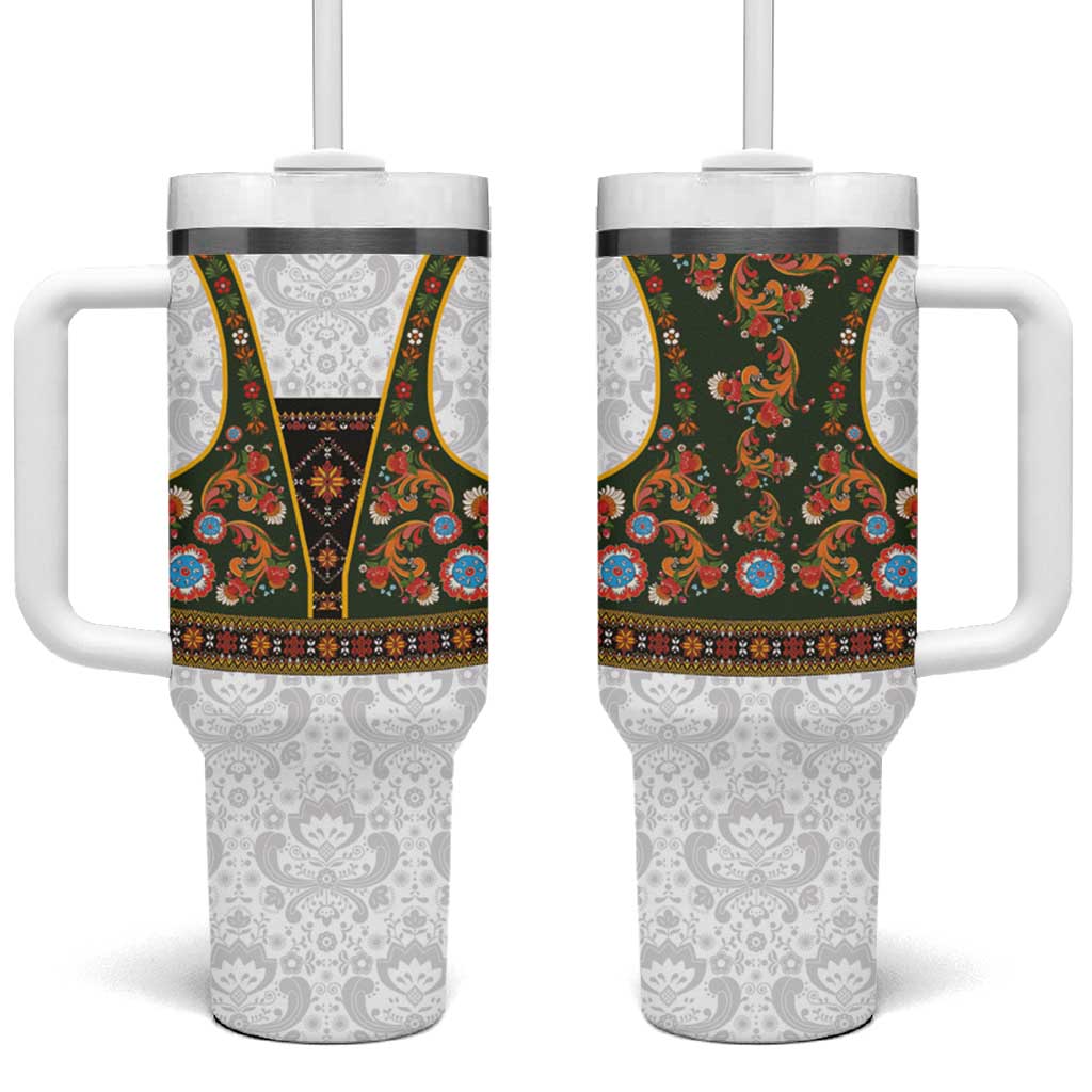 Norwegian Female Bunad Tumbler With Handle with Rosemaling Folk Art Green Color - Wonder Print Shop