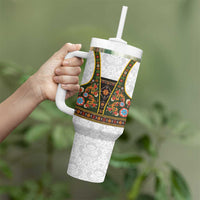 Norwegian Female Bunad Tumbler With Handle with Rosemaling Folk Art Green Color - Wonder Print Shop