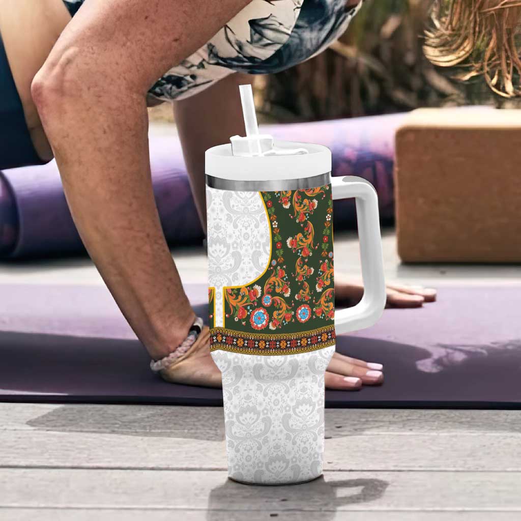 Norwegian Female Bunad Tumbler With Handle with Rosemaling Folk Art Green Color - Wonder Print Shop