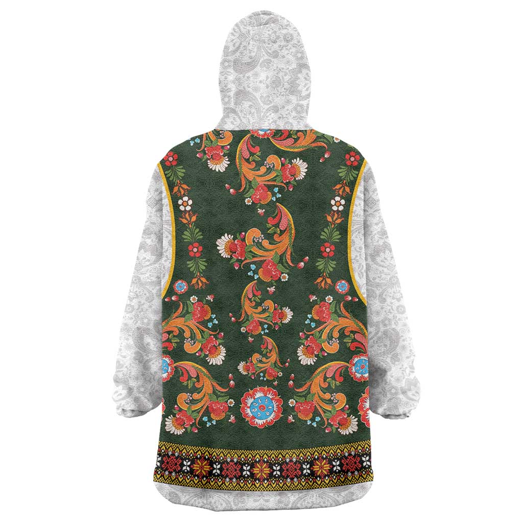 Norwegian Female Bunad Wearable Blanket Hoodie with Rosemaling Folk Art Green Color - Wonder Print Shop