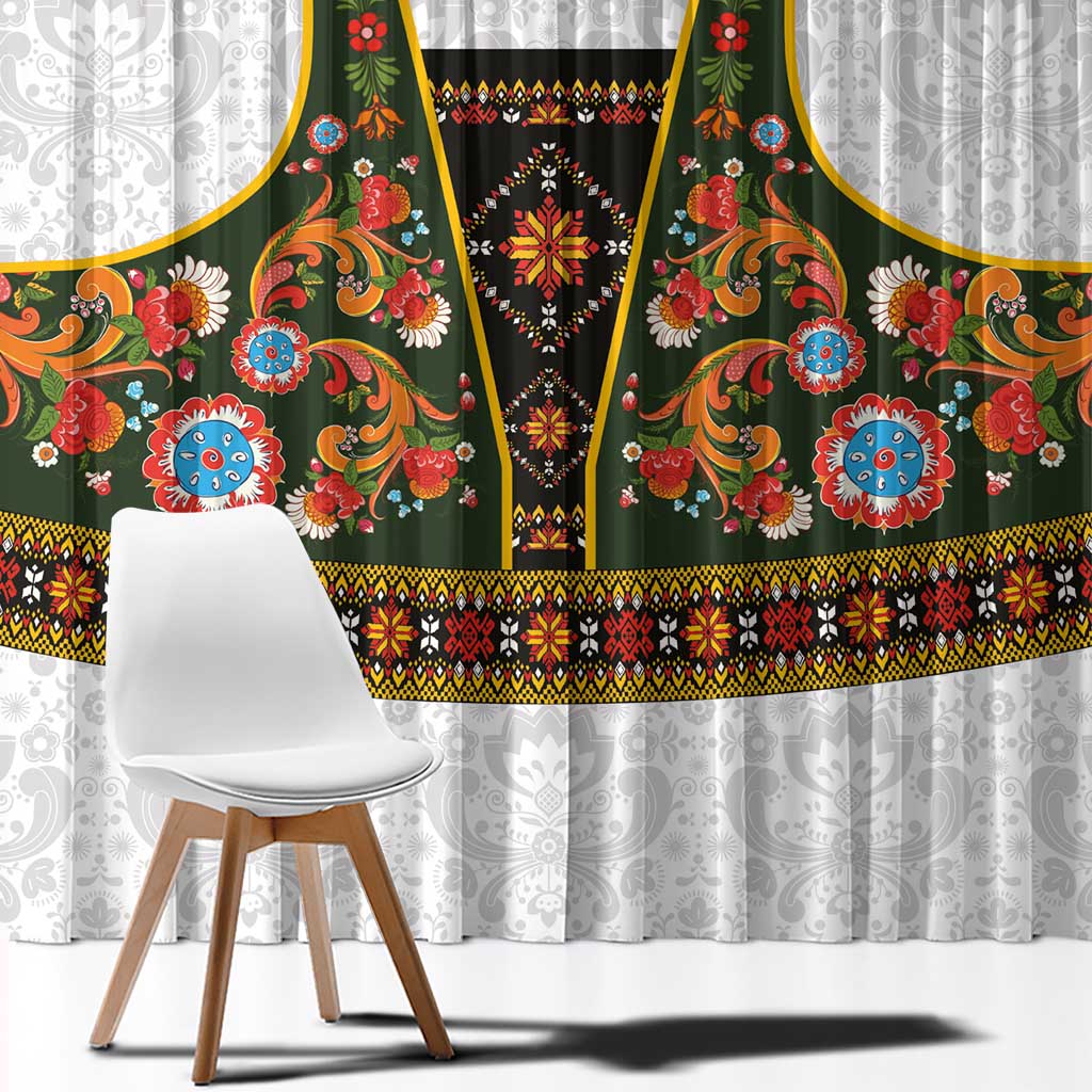 Norwegian Female Bunad Window Curtain with Rosemaling Folk Art Green Color - Wonder Print Shop