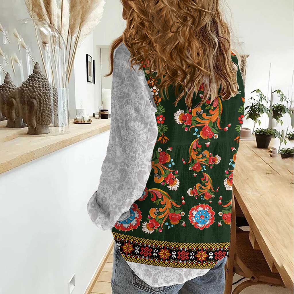 Norwegian Female Bunad Women Casual Shirt with Rosemaling Folk Art Green Color - Wonder Print Shop