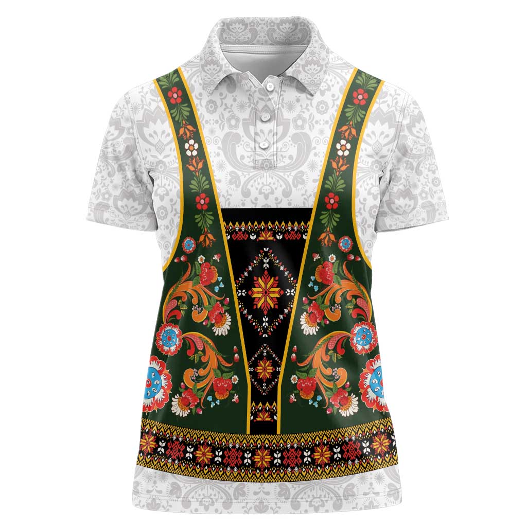 Norwegian Female Bunad Women Polo Shirt with Rosemaling Folk Art Green Color - Wonder Print Shop