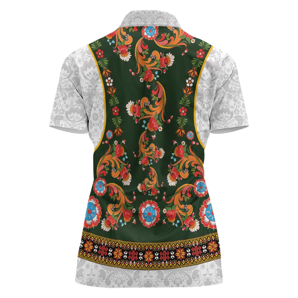 Norwegian Female Bunad Women Polo Shirt with Rosemaling Folk Art Green Color - Wonder Print Shop