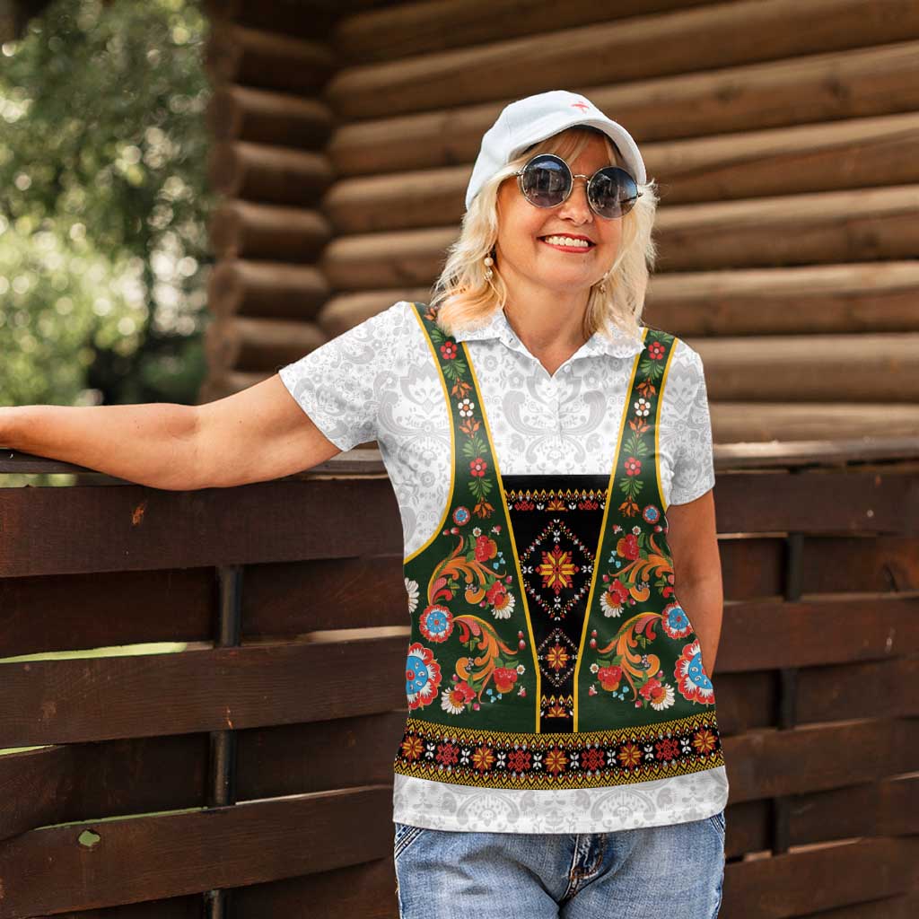 Norwegian Female Bunad Women Polo Shirt with Rosemaling Folk Art Green Color - Wonder Print Shop