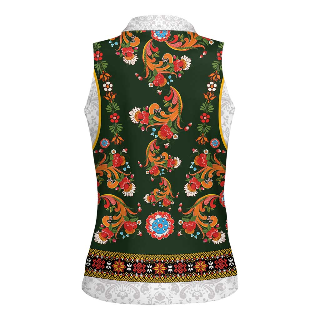 Norwegian Female Bunad Women Sleeveless Polo Shirt with Rosemaling Folk Art Green Color - Wonder Print Shop